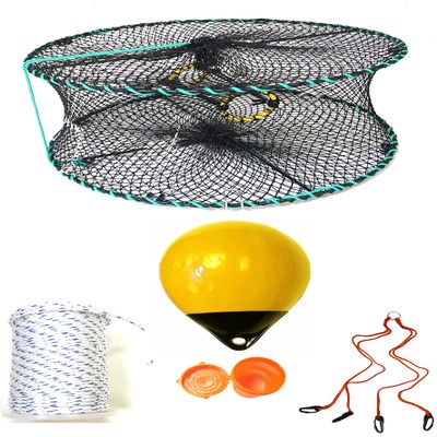 KUFA Sports Foldable Prawn Trap (Stretched Mesh Size:1-1/8") with 400' Rope, Yellow Float, Plastic Vented Bait Cage & Harness Combo (PRN58+PASH38Y)