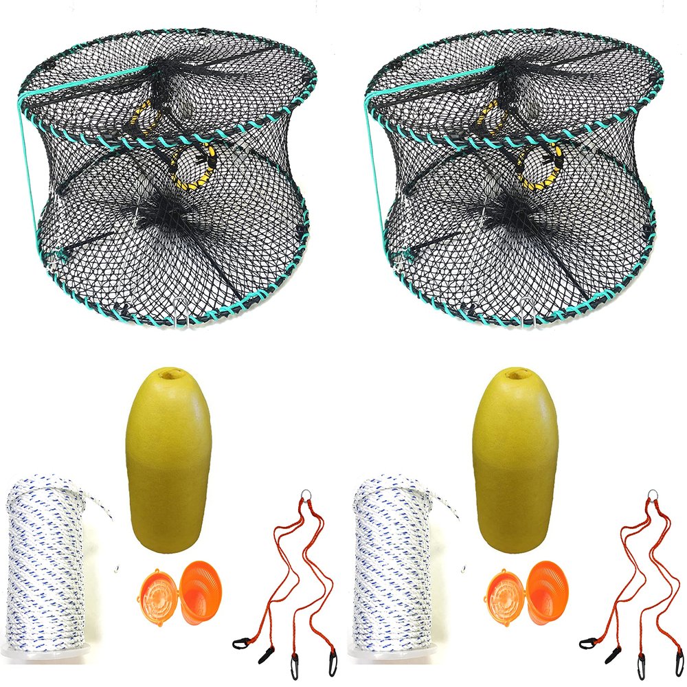 2-Pack of KUFA Sports Foldable Prawn Trap (Stretched Mesh Size:1-1/8") with 400' Rope, Yellow Float, Plastic Vented Bait Cage & Harness Combo (PRN58+PASH1) x2