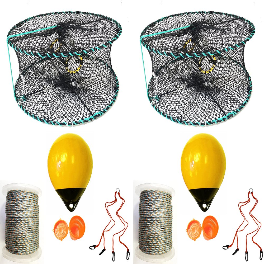 2-Pack of KUFA Sports Foldable Prawn Trap (Stretched Mesh Size:1-1/8") with 400' Rope, Yellow Float, Plastic Vented Bait Cage & Harness Combo (PRN58+PAMH30Y) x2