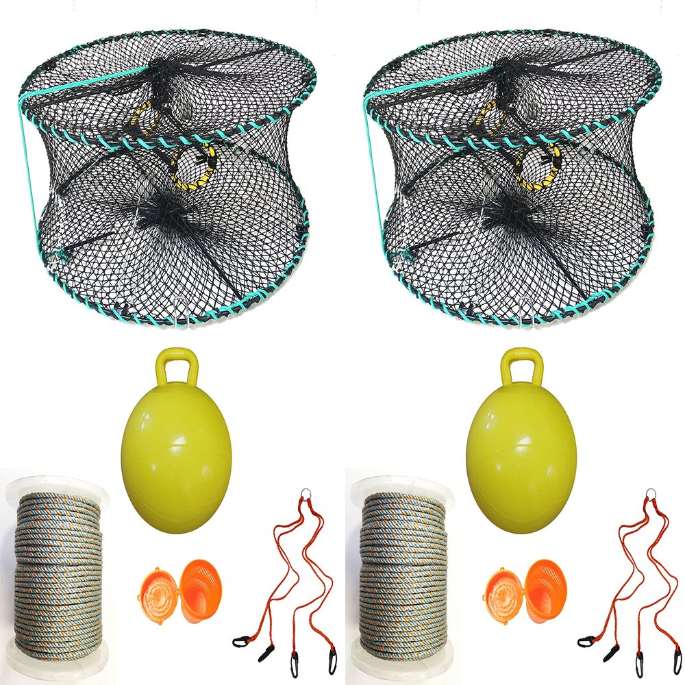 2-Pack of KUFA Sports Foldable Prawn Trap (Stretched Mesh Size:1-1/8") with 400' Rope, Yellow Float, Plastic Vented Bait Cage & Harness Combo (PRN58+PAQH5) x2