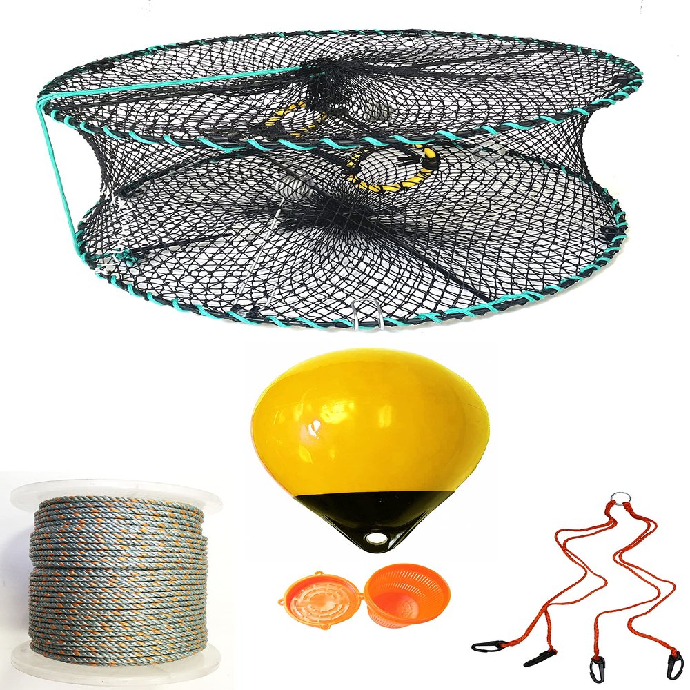 KUFA Sports Foldable Prawn Trap (Stretched Mesh Size:1-1/8") with 400' Rope, Yellow Float, Plastic Vented Bait Cage & Harness Combo (PRN58+PAQH30Y)
