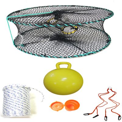 KUFA Sports Foldable Prawn Trap (Stretched Mesh Size:1-1/8") with 400' Rope, Yellow Float, Plastic Vented Bait Cage & Harness Combo (PRN58+PASH5)