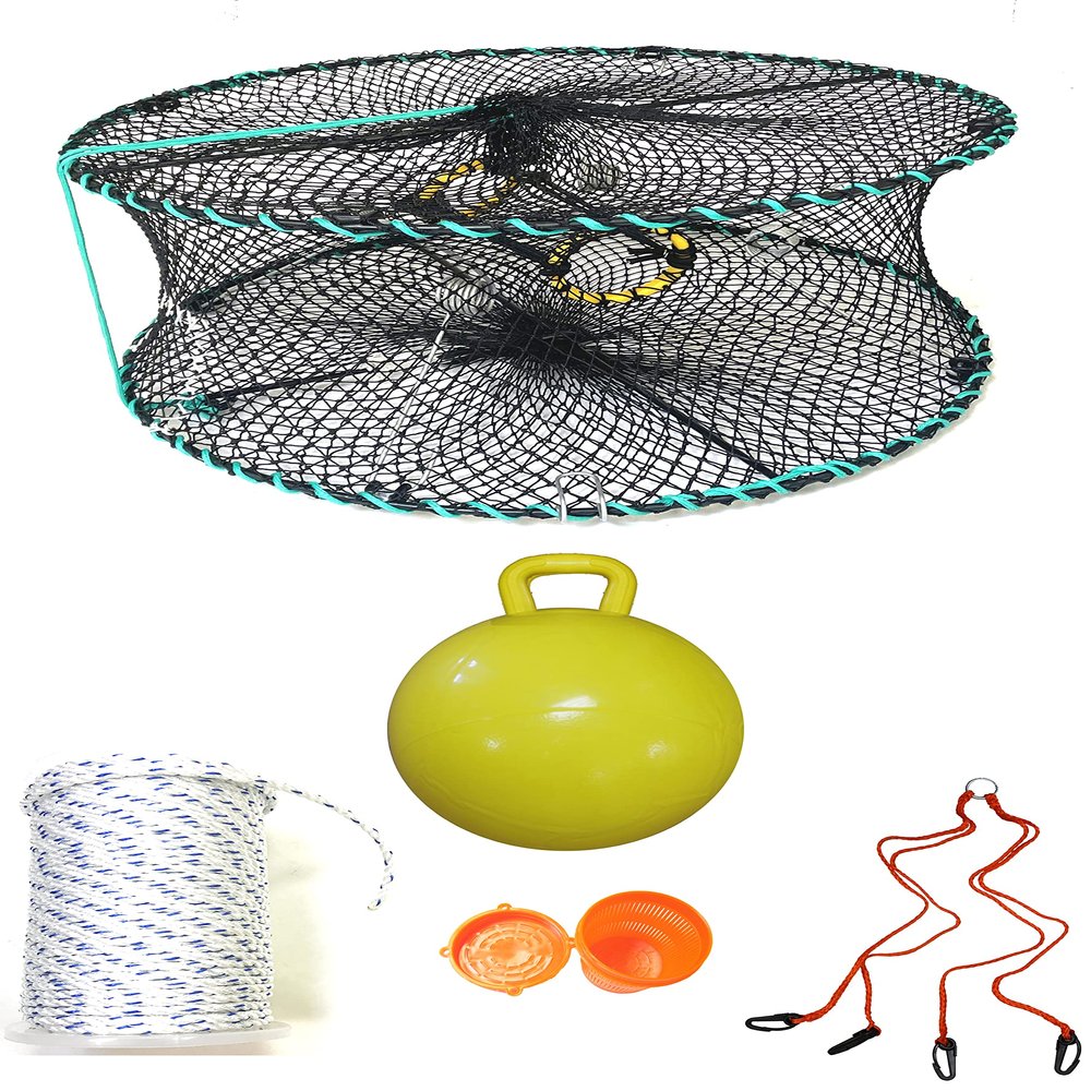KUFA Sports Foldable Prawn Trap (Stretched Mesh Size:1-1/8") with 400' Rope, Yellow Float, Plastic Vented Bait Cage & Harness Combo (PRN58+PASH5)