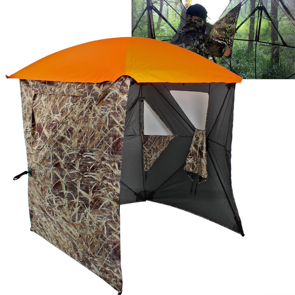 AUSCAMOTEK 3W See Through Pop Up Ground Blind Hub Style 3-Panels Blinds with Removable Orange Blaze Top for Duck Waterfowl Hunting