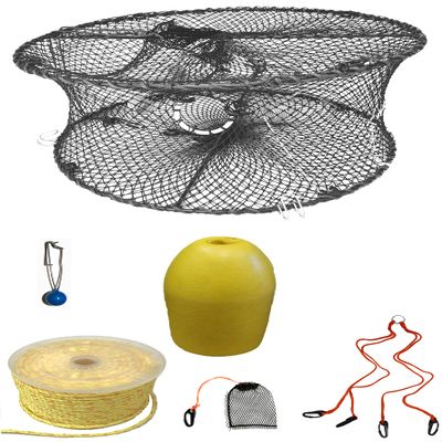 KUFA Sports Foldable Prawn Trap (Stretched Mesh Size:1-3/4") with 400' Rope, Yellow Float, Plastic Vented Bait Cage & Harness Combo (PRN59+PBPH3)