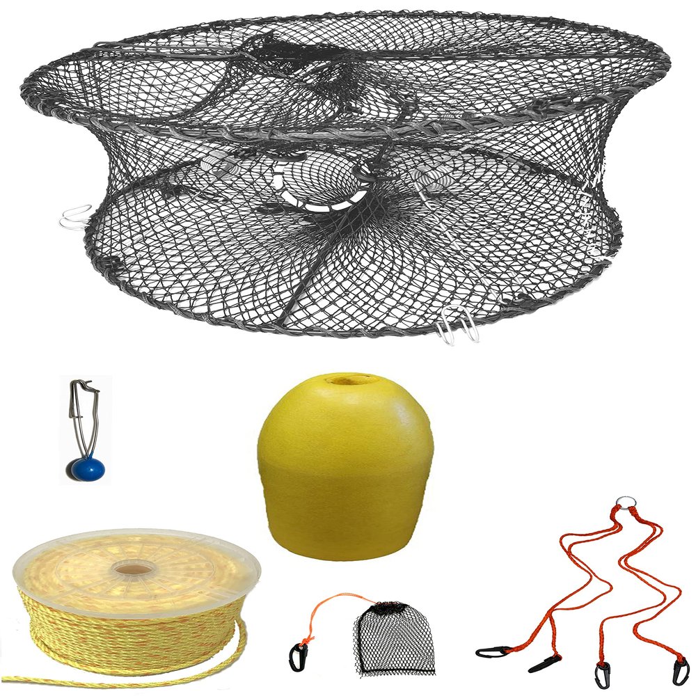 KUFA Sports Foldable Prawn Trap (Stretched Mesh Size:1-3/4") with 400' Rope, Yellow Float, Plastic Vented Bait Cage & Harness Combo (PRN59+PBPH3)