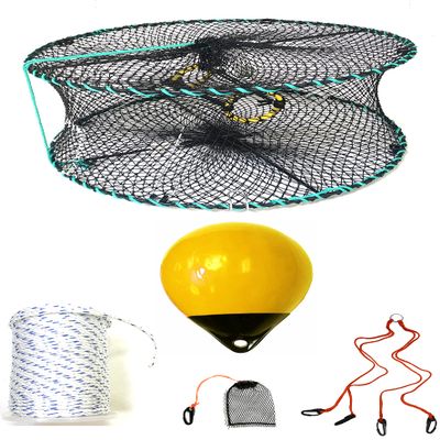 KUFA Sports Foldable Prawn Trap (Stretched Mesh Size:1-1/8") with 400' Rope, Yellow Float, Bait Bag & Harness Combo (PRN58+PBSH30Y)