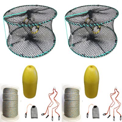 2-Pack of KUFA Sports Foldable Prawn Trap (Stretched Mesh Size:1-1/8") with 400' Rope, Yellow Float, Plastic Vented Bait Cage & Harness Combo (PRN58+PBLQH1) x2