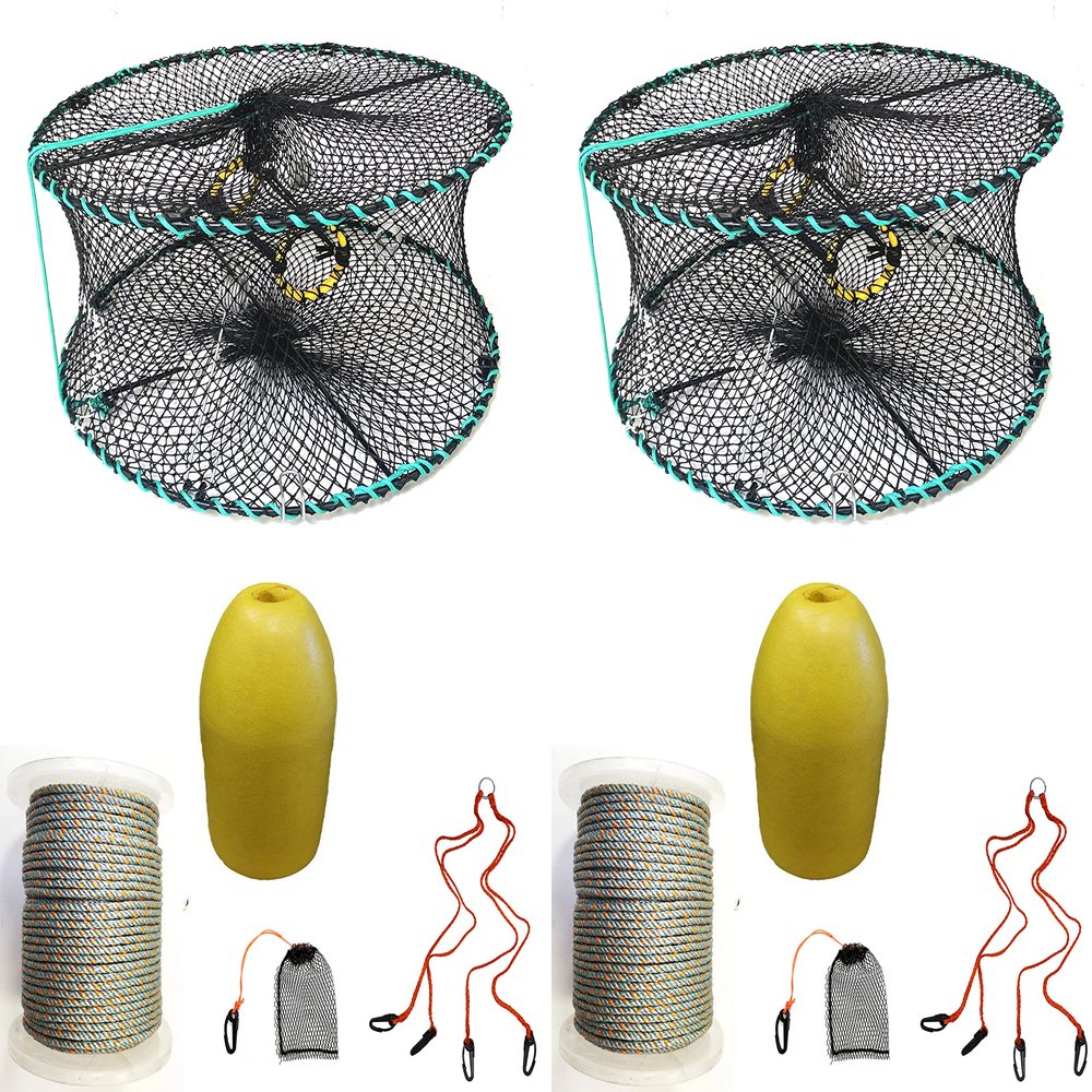 2-Pack of KUFA Sports Foldable Prawn Trap (Stretched Mesh Size:1-1/8") with 400' Rope, Yellow Float, Plastic Vented Bait Cage & Harness Combo (PRN58+PBLQH1) x2