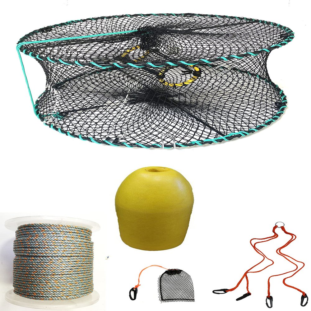 KUFA Sports Foldable Prawn Trap (Stretched Mesh Size:1-1/8") with 400' Rope, Yellow Float, Bait Bag & Harness Combo (PRN58+PBLH3)