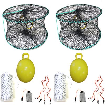 2-Pack of KUFA Sports Foldable Prawn Trap (Stretched Mesh Size:1-1/8") with 400' Rope, Yellow Float, Plastic Vented Bait Cage & Harness Combo (PRN58+PBSH5) x2