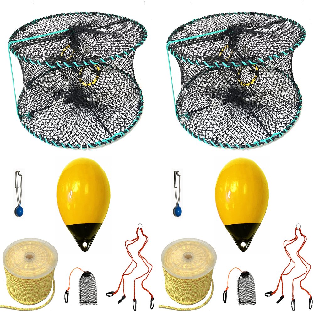 2-Pack of KUFA Sports Foldable Prawn Trap (Stretched Mesh Size:1-1/8") with 400' Rope, Yellow Float, Plastic Vented Bait Cage & Harness Combo (PRN58+PBPH38Y) x2