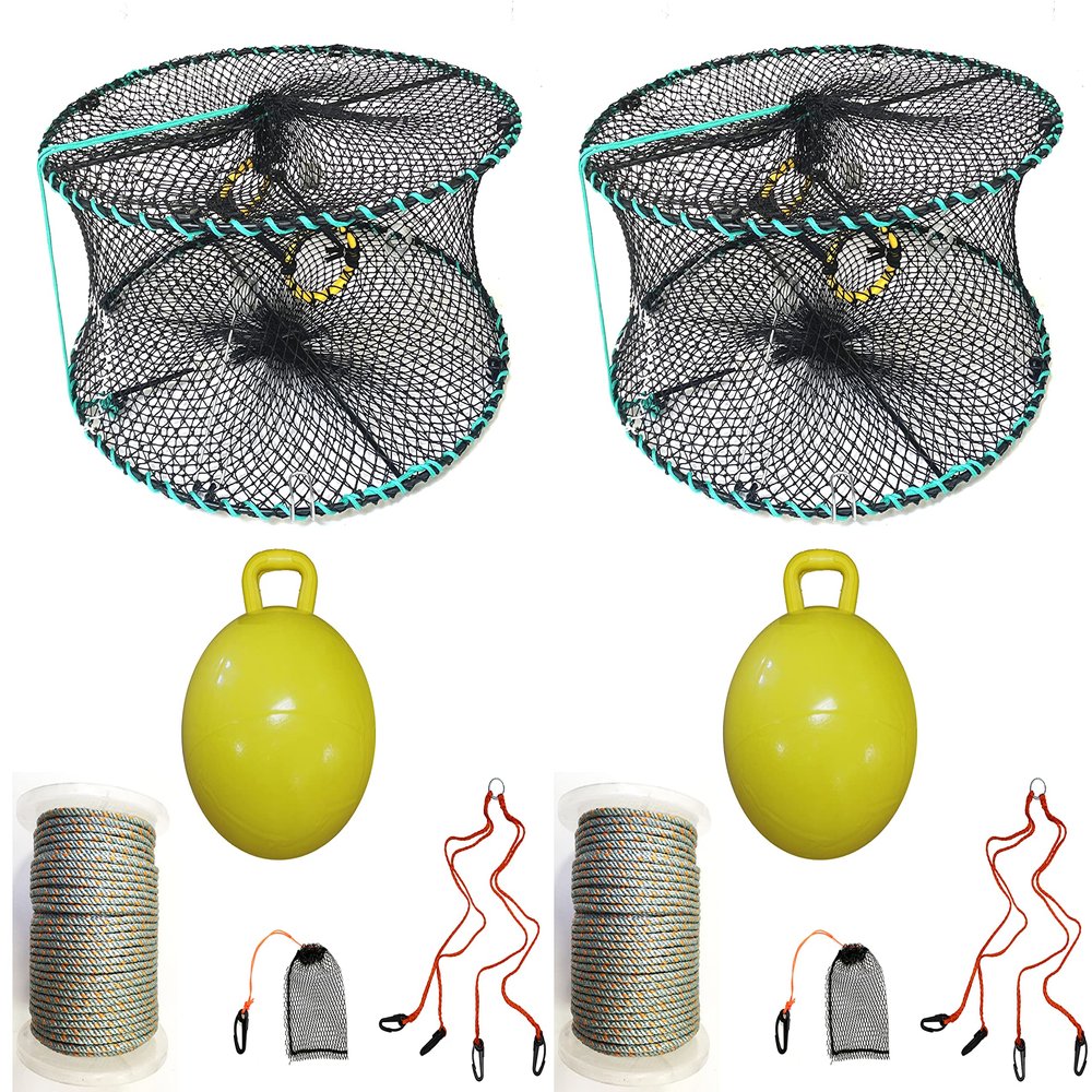 2-Pack of KUFA Sports Foldable Prawn Trap (Stretched Mesh Size:1-1/8") with 400' Rope, Yellow Float, Plastic Vented Bait Cage & Harness Combo (PRN58+PBLH5) x2