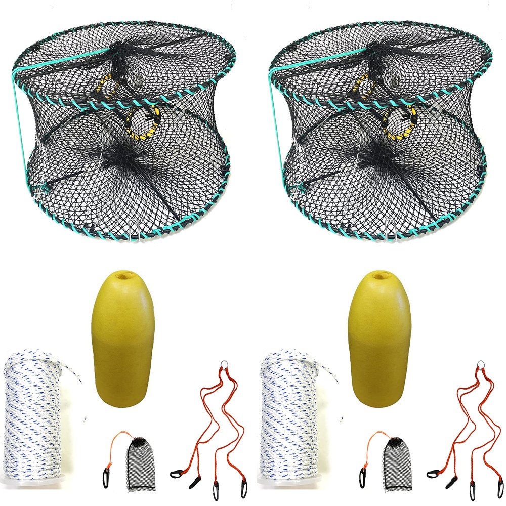 2-Pack of KUFA Sports Foldable Prawn Trap (Stretched Mesh Size:1-1/8") with 400' Rope, Yellow Float, Plastic Vented Bait Cage & Harness Combo (PRN58+PBSH1) x2