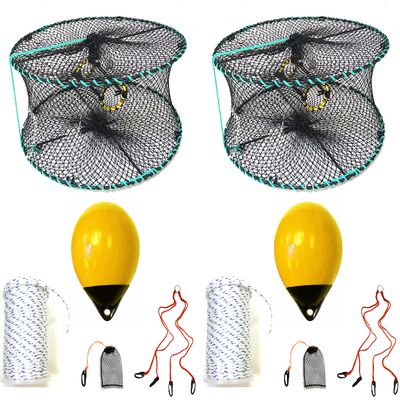 2-Pack of KUFA Sports Foldable Prawn Trap (Stretched Mesh Size:1-1/8") with 400' Rope, Yellow Float, Plastic Vented Bait Cage & Harness Combo (PRN58+PBSH30Y) x2
