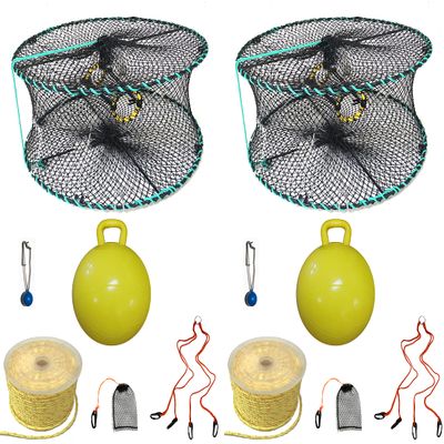 2-Pack of KUFA Sports Foldable Prawn Trap (Stretched Mesh Size:1-1/8") with 400' Rope, Yellow Float, Plastic Vented Bait Cage & Harness Combo (PRN58+PBPH5) x2