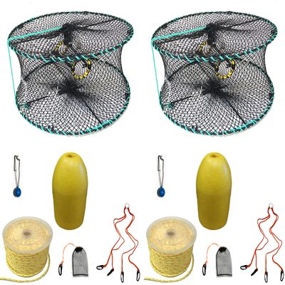 2-Pack of KUFA Sports Foldable Prawn Trap (Stretched Mesh Size:1-1/8") with 400' Rope, Yellow Float, Plastic Vented Bait Cage & Harness Combo (PRN58+PBPH3) x2