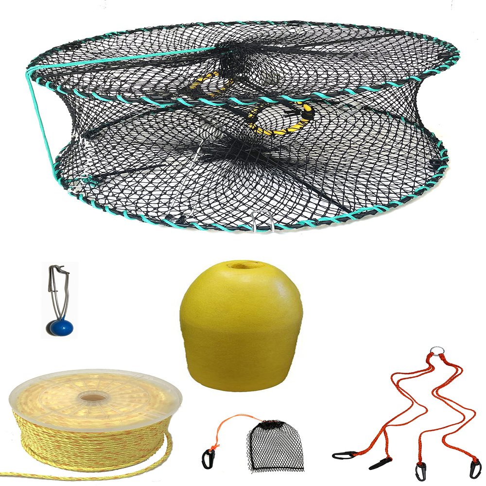 KUFA Sports Foldable Prawn Trap (Stretched Mesh Size:1-1/8") with 400' Rope, Yellow Float, Bait Bag & Harness Combo (PRN58+PBPH3)