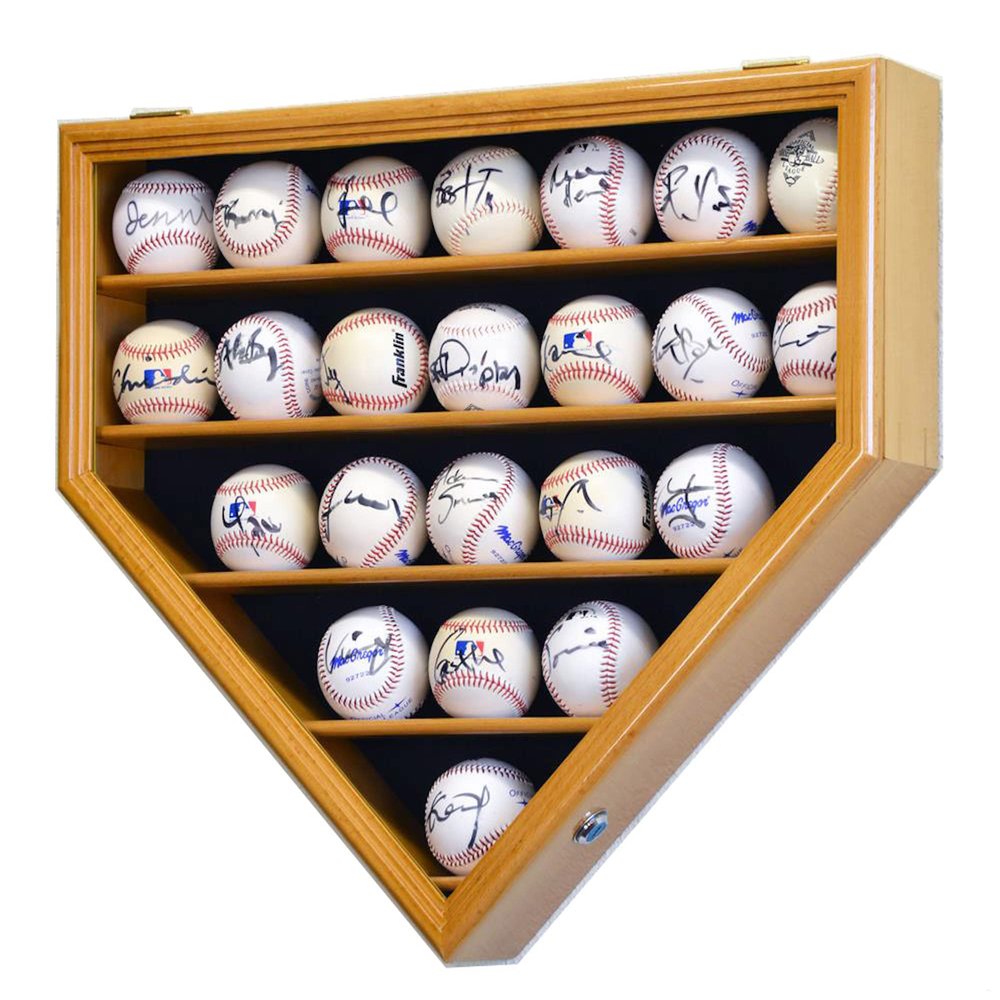 23 Baseball Ball Display Case Cabinet - Home Plate Shaped (Oak)