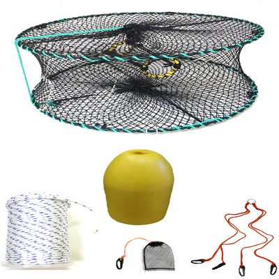KUFA Sports Foldable Prawn Trap (Stretched Mesh Size:1-1/8") with 400' Rope, Yellow Float, Bait Bag & Harness Combo (PRN58+PBMH3)