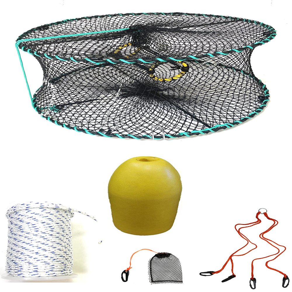 KUFA Sports Foldable Prawn Trap (Stretched Mesh Size:1-1/8") with 400' Rope, Yellow Float, Bait Bag & Harness Combo (PRN58+PBMH3)