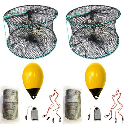 2-Pack of KUFA Sports Foldable Prawn Trap (Stretched Mesh Size:1-1/8") with 400' Rope, Yellow Float, Plastic Vented Bait Cage & Harness Combo (PRN58+PBLQH38Y) x2