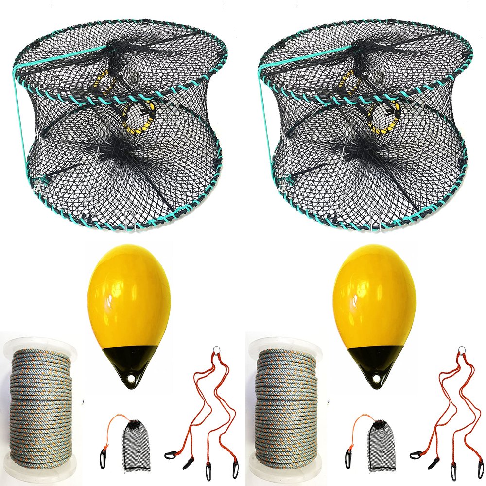 2-Pack of KUFA Sports Foldable Prawn Trap (Stretched Mesh Size:1-1/8") with 400' Rope, Yellow Float, Plastic Vented Bait Cage & Harness Combo (PRN58+PBLQH38Y) x2