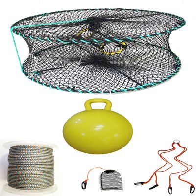 KUFA Sports Foldable Prawn Trap (Stretched Mesh Size:1-1/8") with 400' Rope, Yellow Float, Bait Bag & Harness Combo (PRN58+PBQH5)
