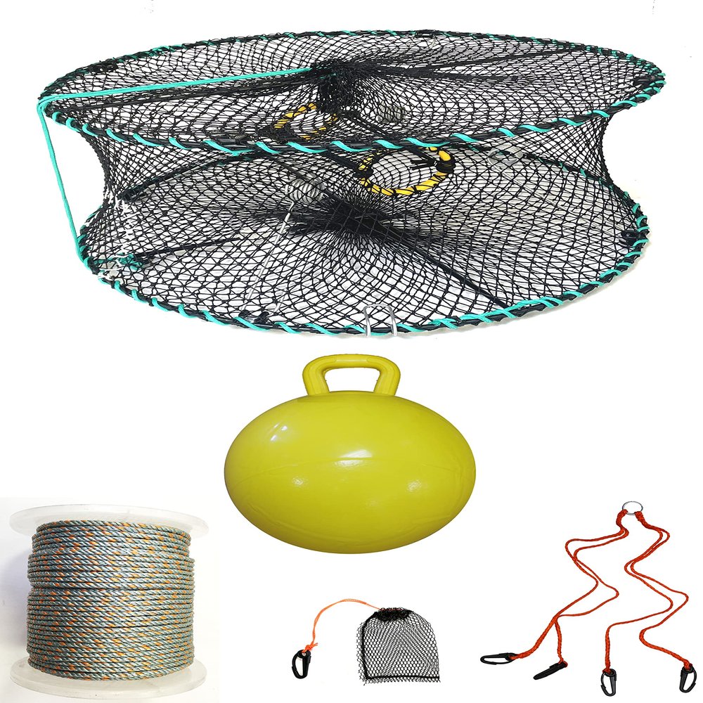 KUFA Sports Foldable Prawn Trap (Stretched Mesh Size:1-1/8") with 400' Rope, Yellow Float, Bait Bag & Harness Combo (PRN58+PBQH5)
