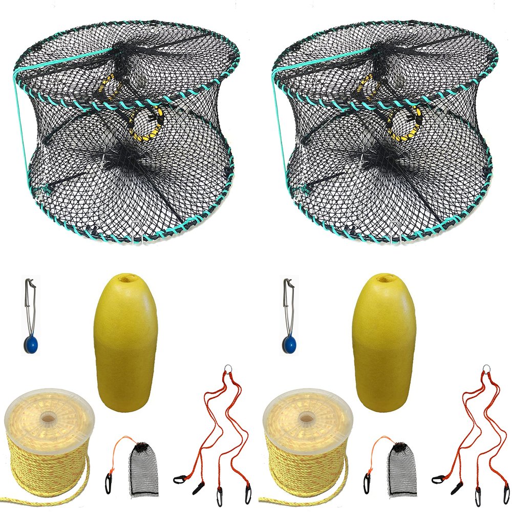 2-Pack of KUFA Sports Foldable Prawn Trap (Stretched Mesh Size:1-1/8") with 400' Rope, Yellow Float, Plastic Vented Bait Cage & Harness Combo (PRN58+PBPH1) x2