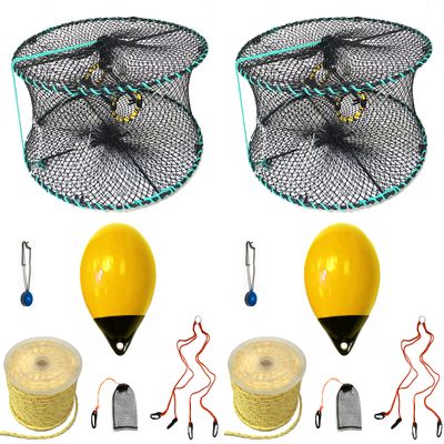 2-Pack of KUFA Sports Foldable Prawn Trap (Stretched Mesh Size:1-1/8") with 400' Rope, Yellow Float, Plastic Vented Bait Cage & Harness Combo (PRN58+PBPH30Y) x2