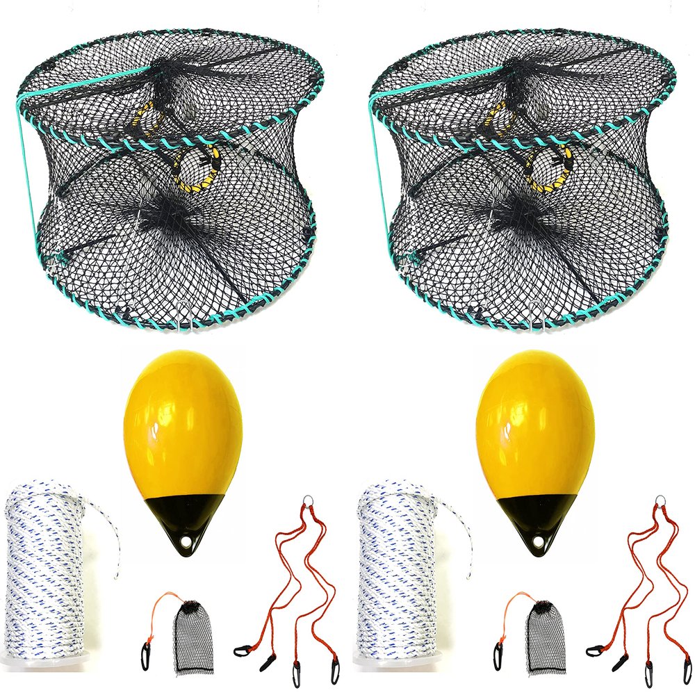 2-Pack of KUFA Sports Foldable Prawn Trap (Stretched Mesh Size:1-1/8") with 400' Rope, Yellow Float, Plastic Vented Bait Cage & Harness Combo (PRN58+PBSH38Y) x2