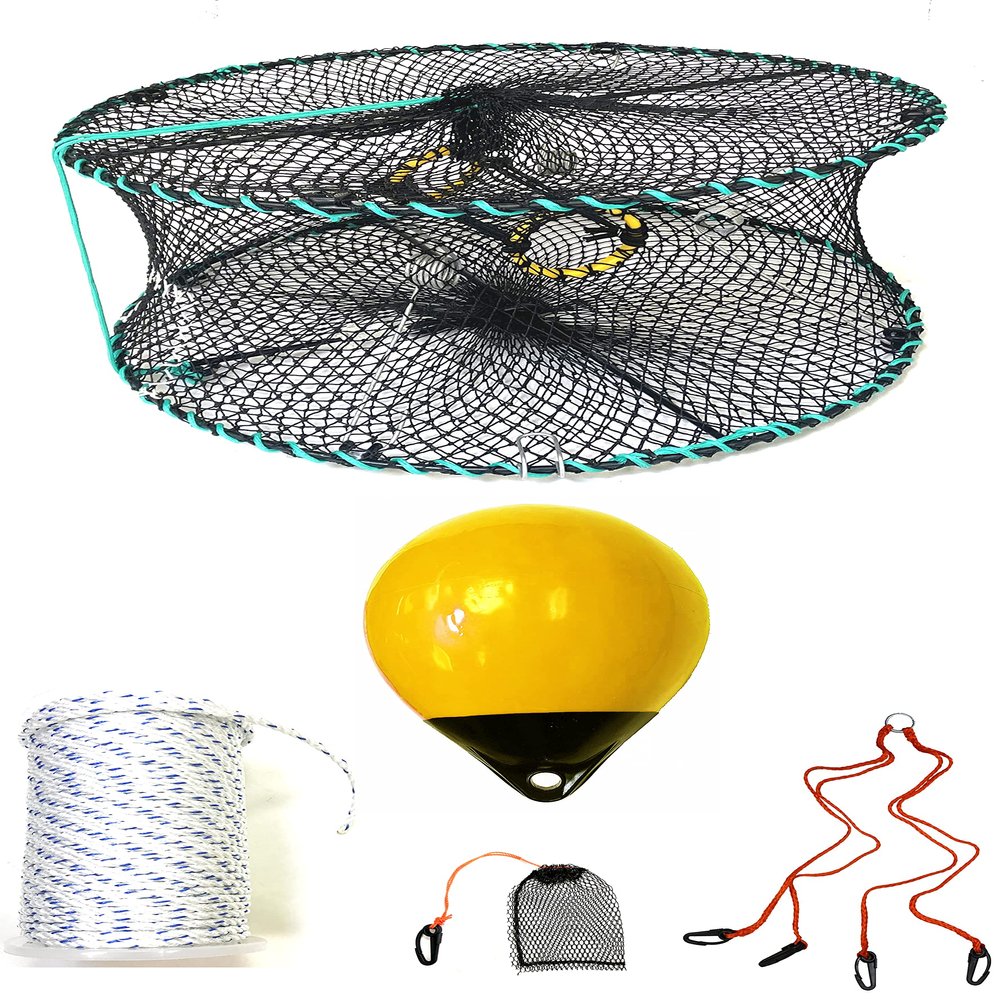 KUFA Sports Foldable Prawn Trap (Stretched Mesh Size:1-1/8") with 400' Rope, Yellow Float, Bait Bag & Harness Combo (PRN58+PBMH38Y)