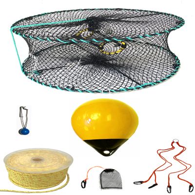 KUFA Sports Foldable Prawn Trap (Stretched Mesh Size:1-1/8") with 400' Rope, Yellow Float, Bait Bag & Harness Combo (PRN58+PBPH30Y)