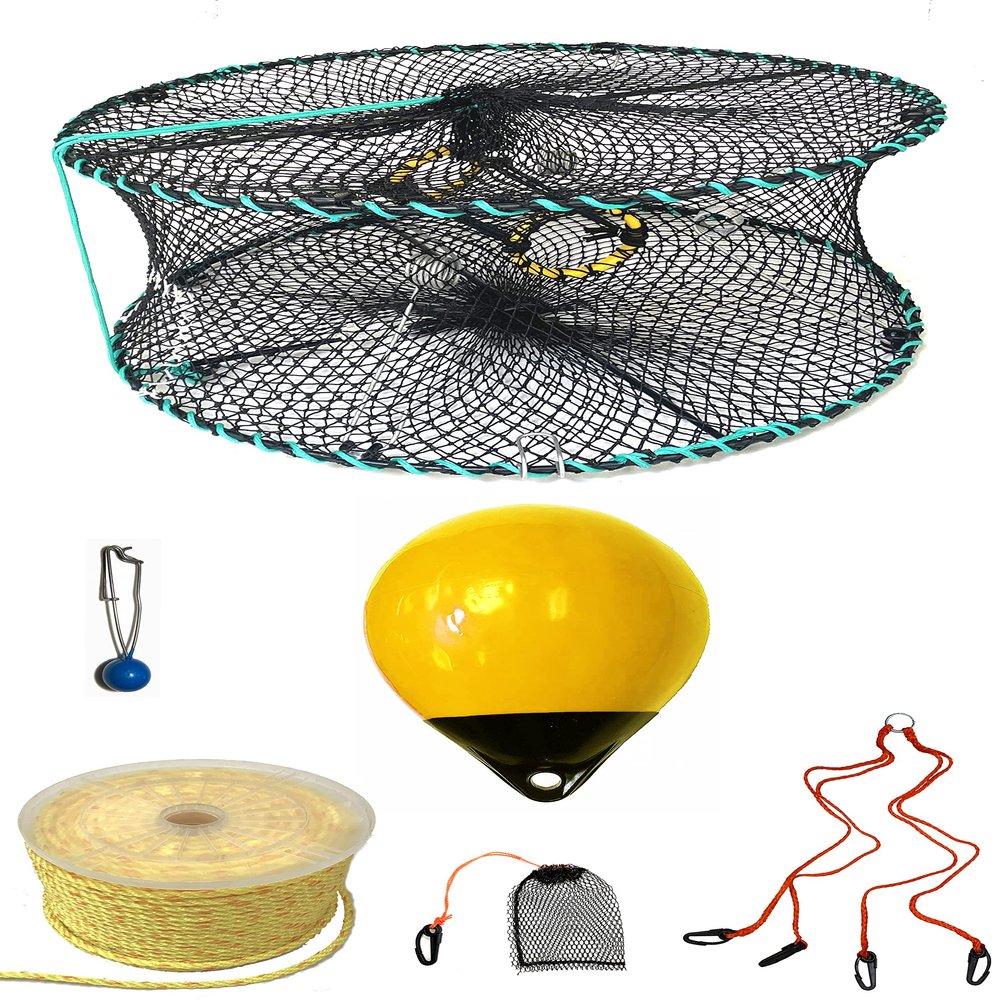 KUFA Sports Foldable Prawn Trap (Stretched Mesh Size:1-1/8") with 400' Rope, Yellow Float, Bait Bag & Harness Combo (PRN58+PBPH30Y)