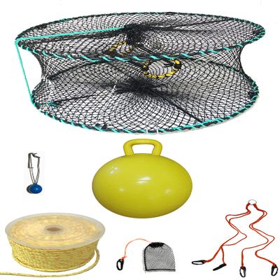 KUFA Sports Foldable Prawn Trap (Stretched Mesh Size:1-1/8") with 400' Rope, Yellow Float, Bait Bag & Harness Combo (PRN58+PBPH5)