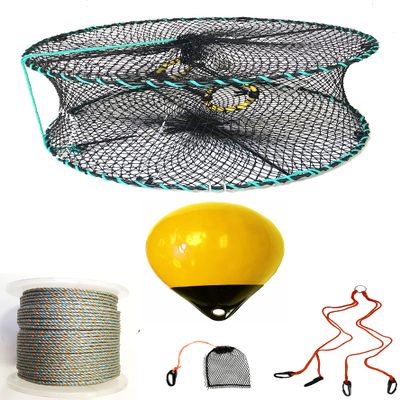 KUFA Sports Foldable Prawn Trap (Stretched Mesh Size:1-1/8") with 400' Rope, Yellow Float, Bait Bag & Harness Combo (PRN58+PBQH38Y)