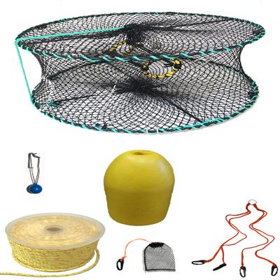 KUFA Sports Foldable Prawn Trap (Stretched Mesh Size:1-1/8") with 400' Rope, Yellow Float, Bait Bag & Harness Combo (PRN58+PBPH1)