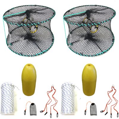 2-Pack of KUFA Sports Foldable Prawn Trap (Stretched Mesh Size:1-1/8") with 400' Rope, Yellow Float, Plastic Vented Bait Cage & Harness Combo (PRN58+PBLMH1) x2