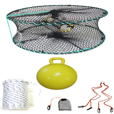 KUFA Sports Foldable Prawn Trap (Stretched Mesh Size:1-1/8") with 400' Rope, Yellow Float, Bait Bag & Harness Combo (PRN58+PBMH5)