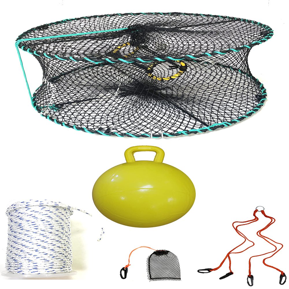 KUFA Sports Foldable Prawn Trap (Stretched Mesh Size:1-1/8") with 400' Rope, Yellow Float, Bait Bag & Harness Combo (PRN58+PBMH5)