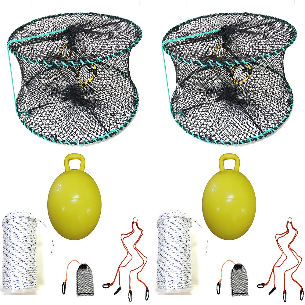 2-Pack of KUFA Sports Foldable Prawn Trap (Stretched Mesh Size:1-1/8") with 400' Rope, Yellow Float, Plastic Vented Bait Cage & Harness Combo (PRN58+PBLMH5) x2