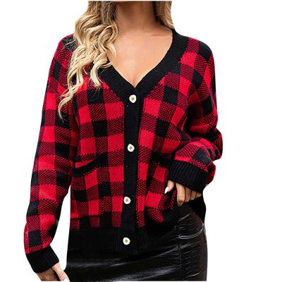 tuduoms Womens Soft Knit Cardigan Sweater Cute Plaid Long Sleeve Button Down Cardigan Trendy Crop Top Sweater Coat Teen Girls