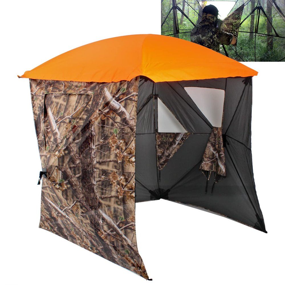 AUSCAMOTEK 3W See Through Pop Up Ground Blind Hub Style 3-Panels Blinds with Removable Orange Blaze Top for Deer Hunting