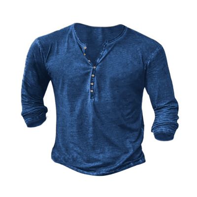 Mens Henley Shirts Vintage V Neck Long Sleeve Shirts Cotton Casual Button Down Washed T Shirts for Men Royal Blue