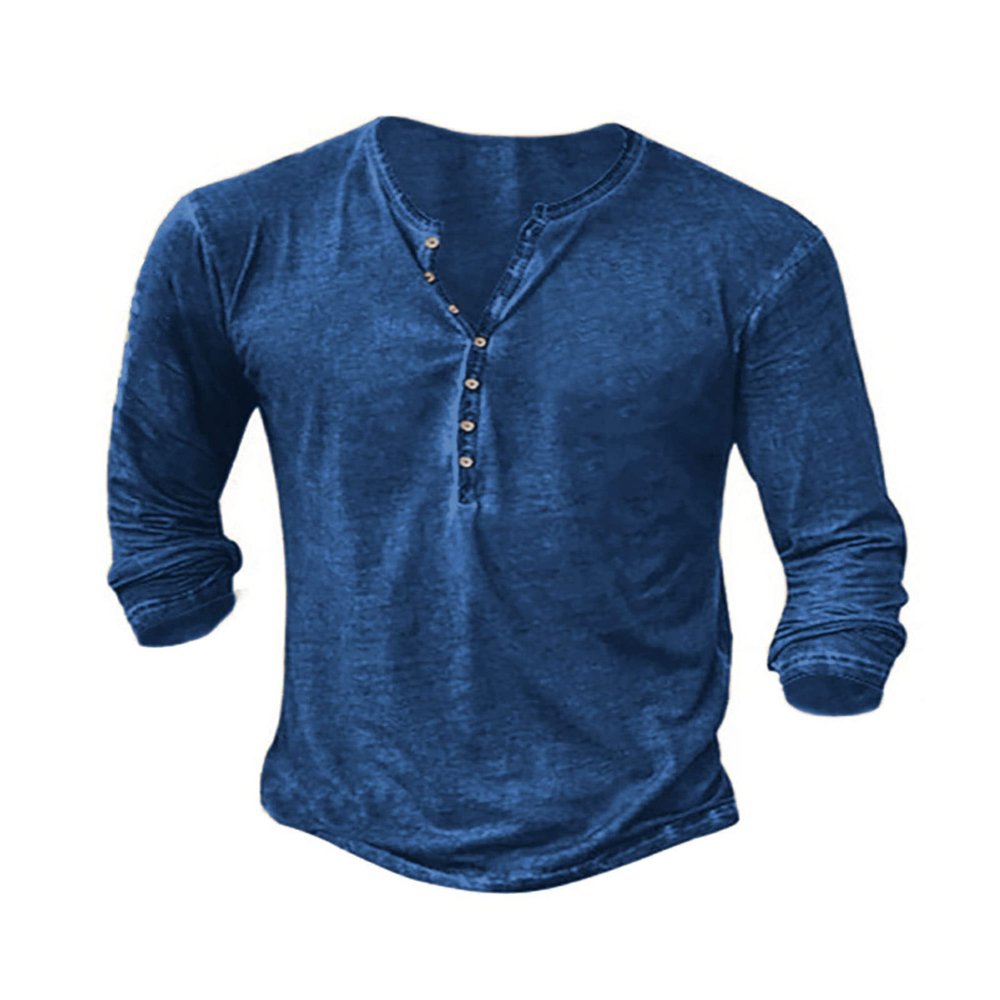 Mens Henley Shirts Vintage V Neck Long Sleeve Shirts Cotton Casual Button Down Washed T Shirts for Men Royal Blue