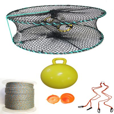 KUFA Sports Foldable Prawn Trap (Stretched Mesh Size:1-1/8") with 400' Rope, Yellow Float, Plastic Vented Bait Cage & Harness Combo (PRN58+PAQH5)