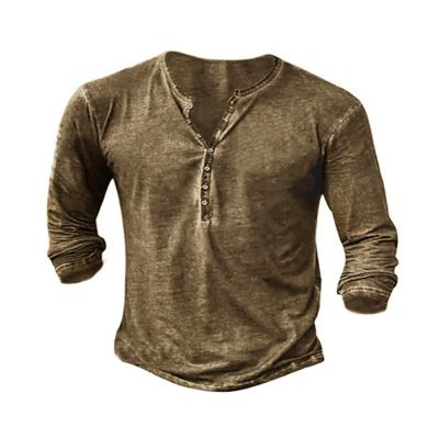Mens Henley Shirts Vintage V Neck Long Sleeve Shirts Cotton Casual Button Down Washed T Shirts for Men Coffee