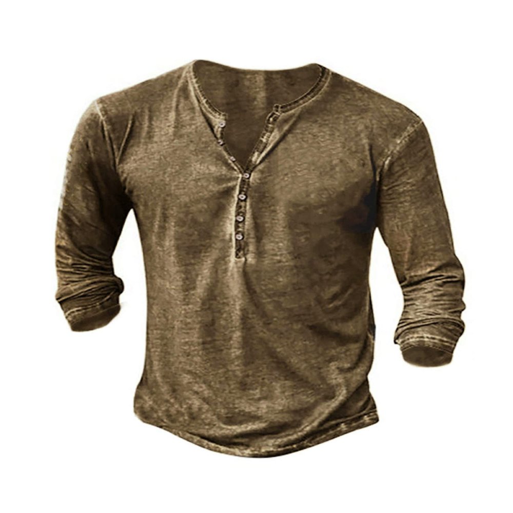 Mens Henley Shirts Vintage V Neck Long Sleeve Shirts Cotton Casual Button Down Washed T Shirts for Men Coffee