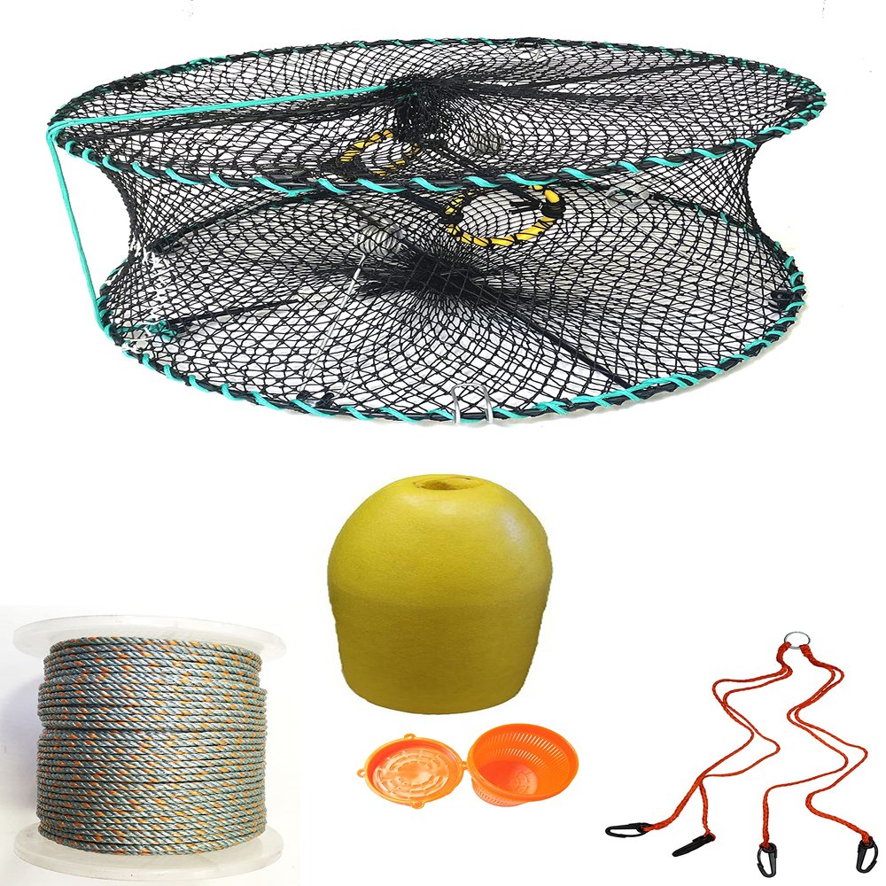 KUFA Sports Foldable Prawn Trap (Stretched Mesh Size:1-1/8") with 400' Rope, Yellow Float, Bait Bag & Harness Combo (PRN58+PALH1)